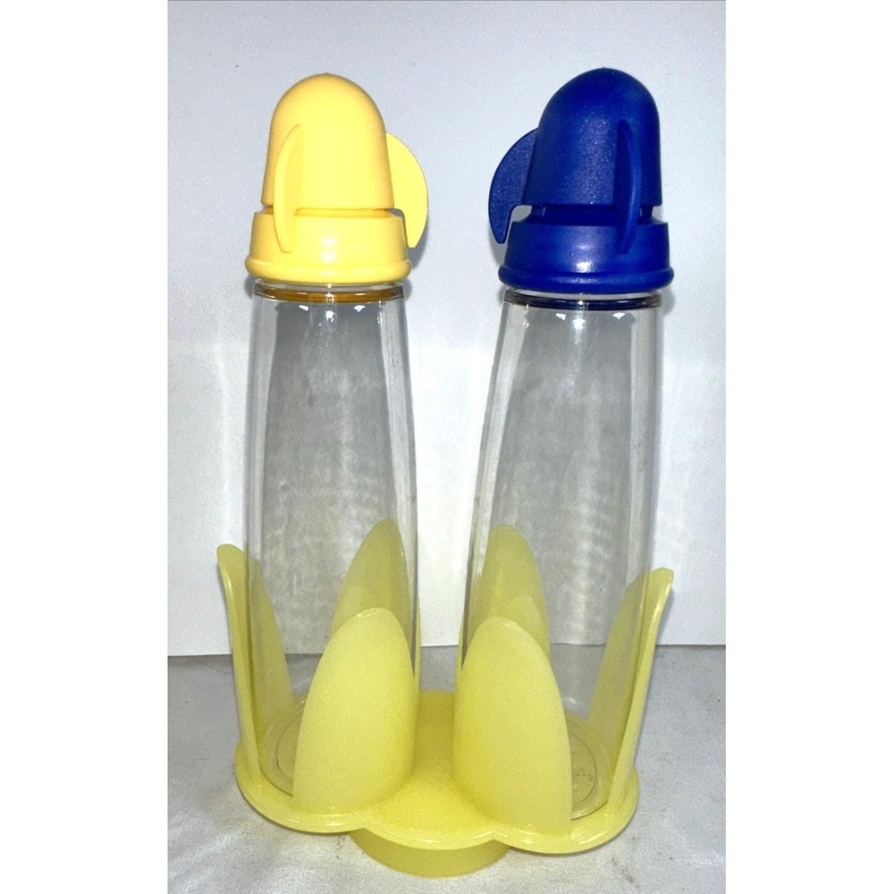 Tupperware Oil and Vinegar Cruets Salad Sheerly Elegant Blue/Yellow & Holder NOS